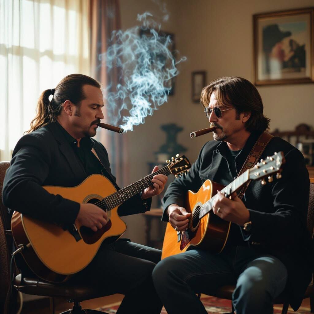 Cinematic Film Still: Seagal Teaches Lennon Guitar