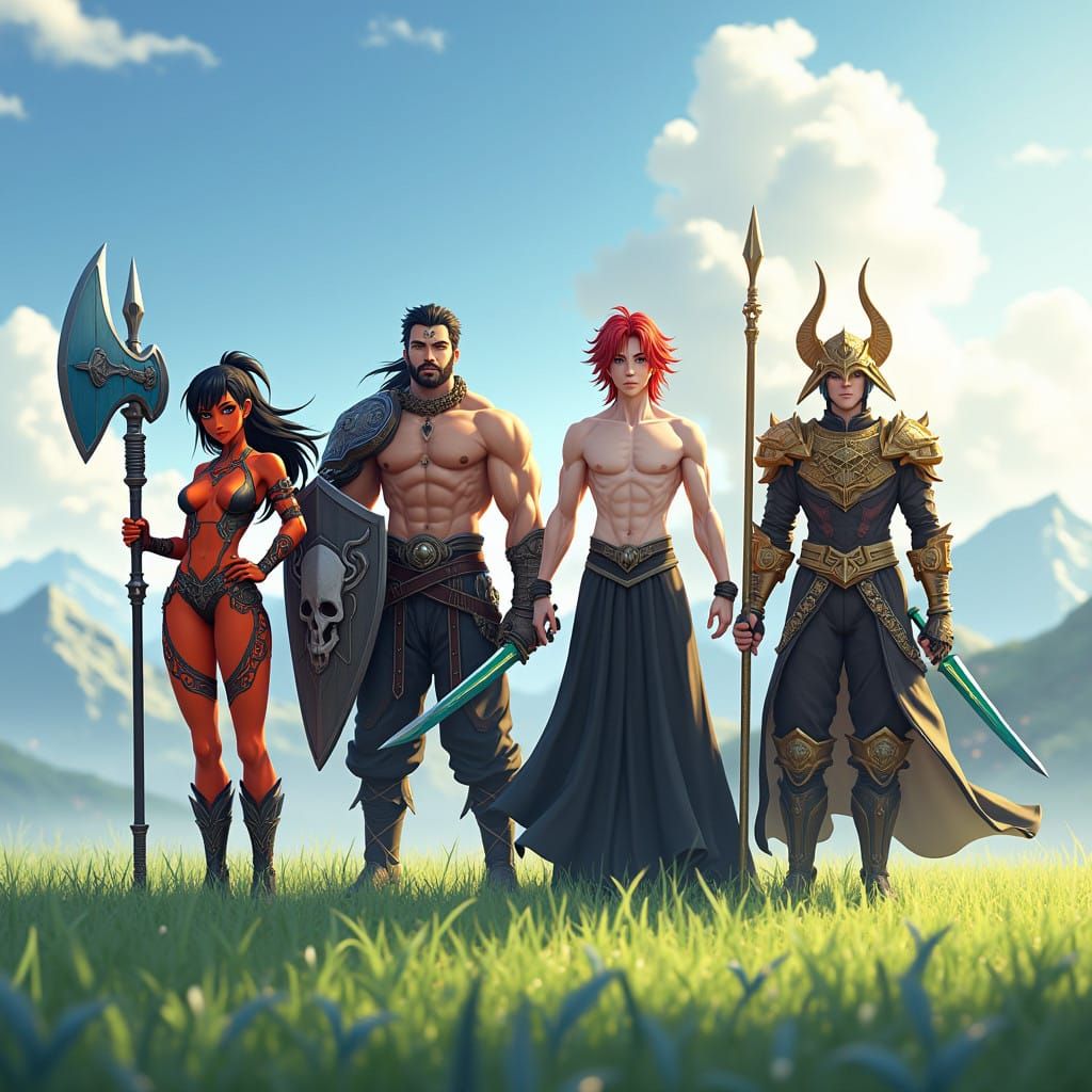 Fantasy Warriors Unite in Vibrant Grasslands