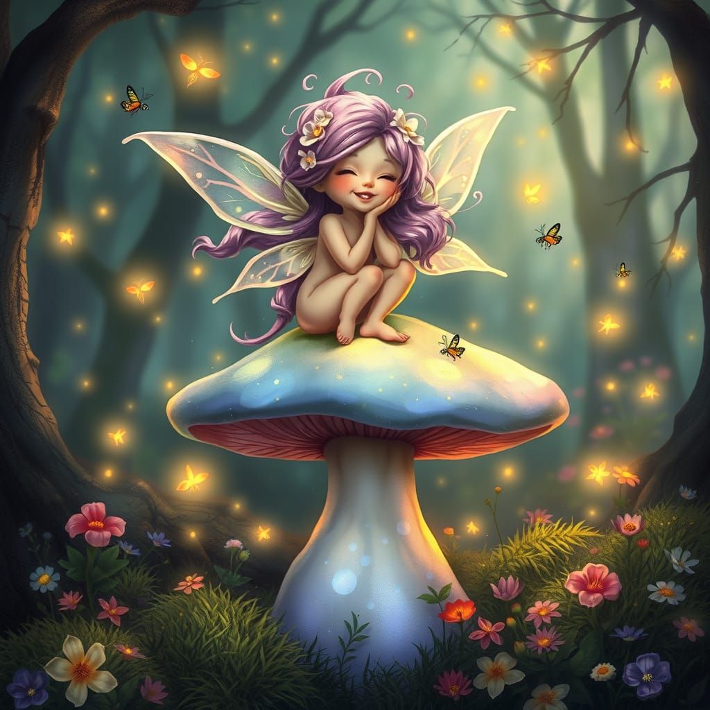 Bioluminescent Forest Sprite Inspired by Art Nouveau