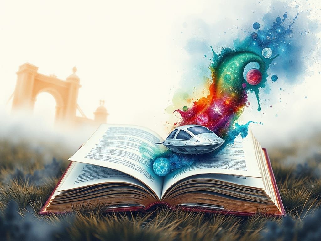 Ancient Book Unfolds into Vibrant Nebula in Whimsical Waterc...