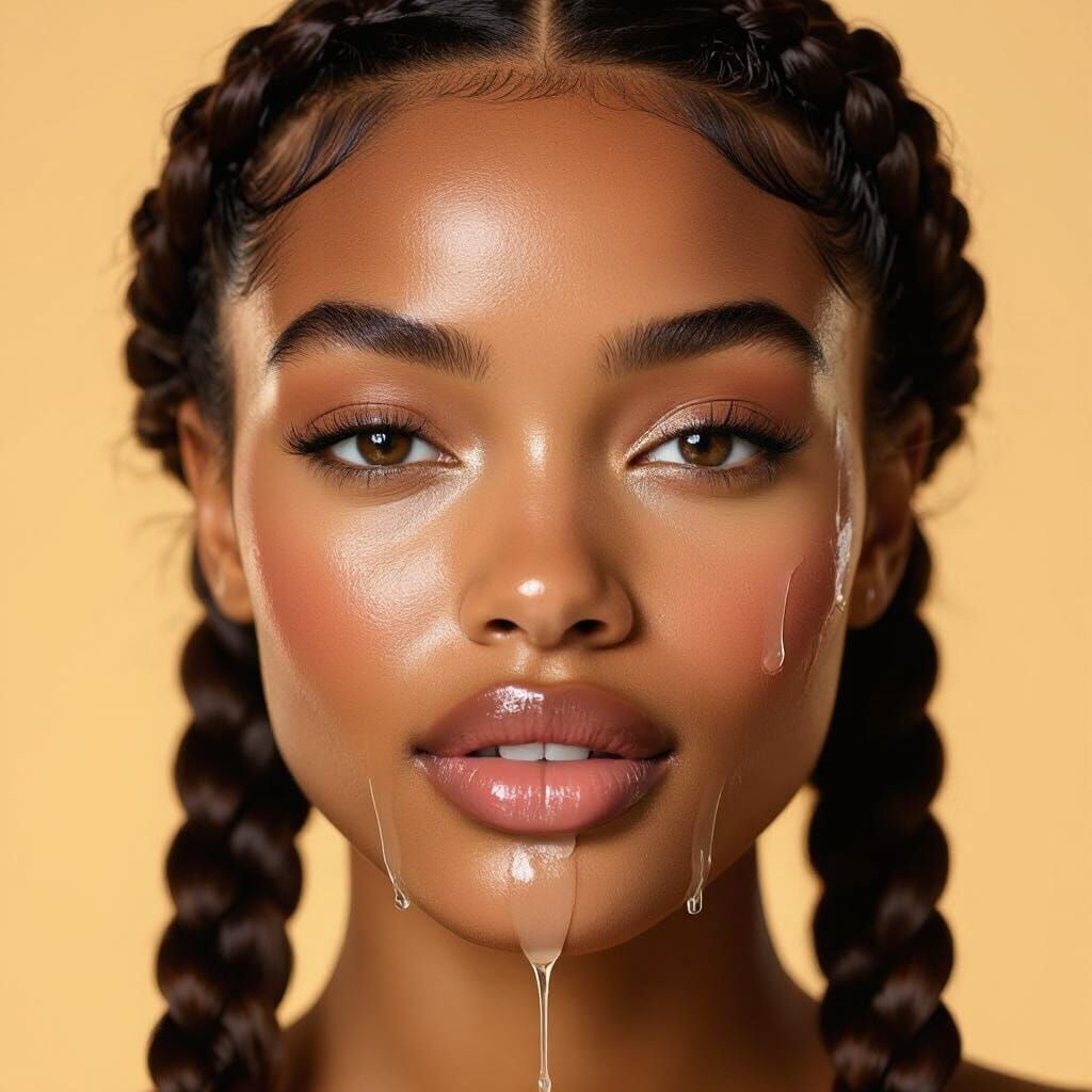 Striking Portrait of Woman with Braids and Dripping Cream