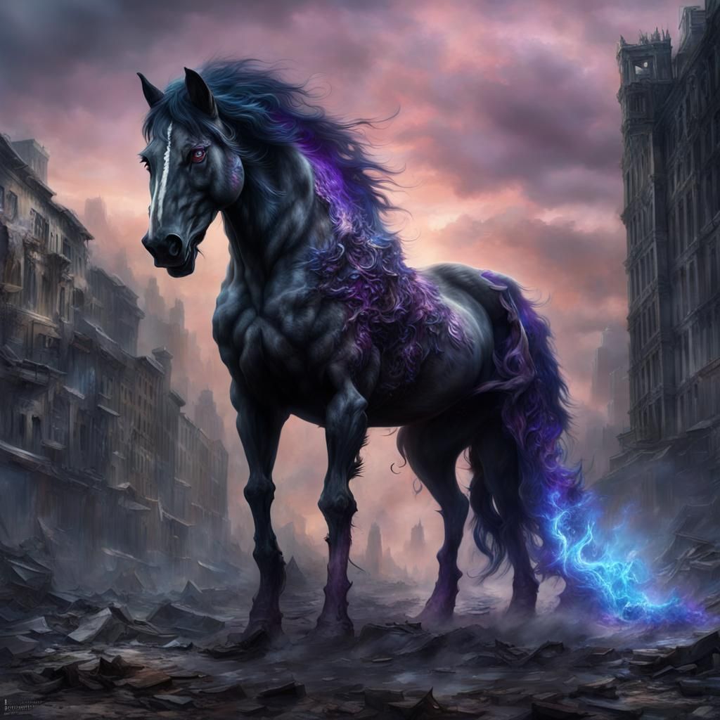 Demonic Horse-Wolf Hybrid in Post-Apocalyptic City
