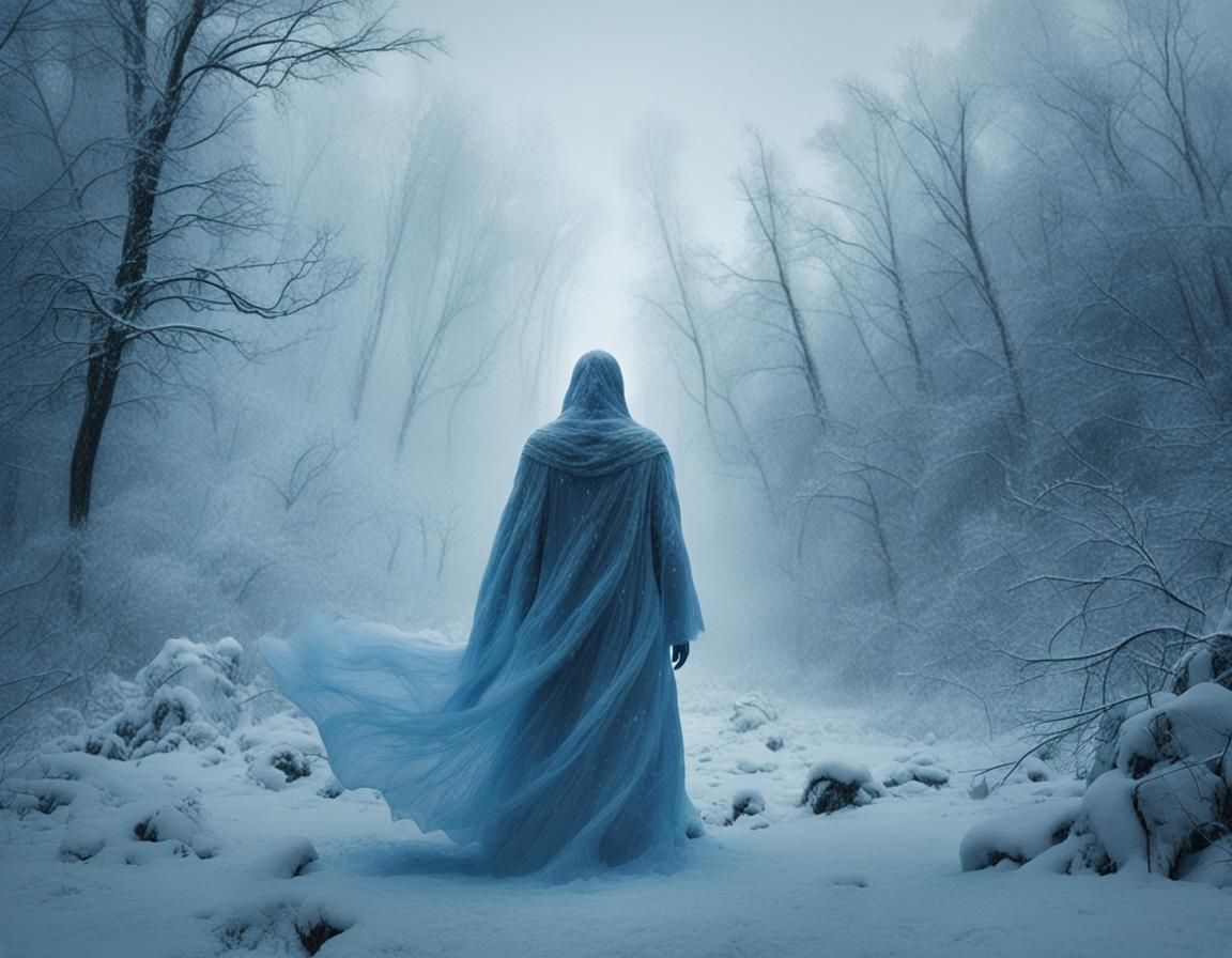 Lone Figure in Raging Blizzard: Cinematic Still