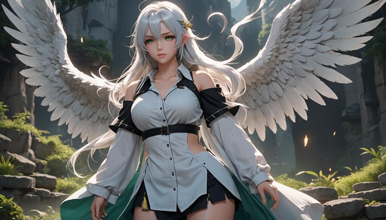 Anime Angel in Oversized Shirt, Genshin Impact Style