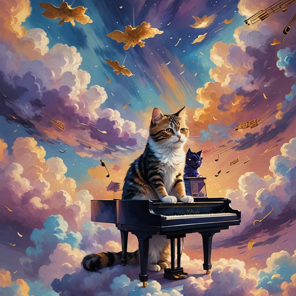 Cat Plays Piano on Cloud as Oil Painting