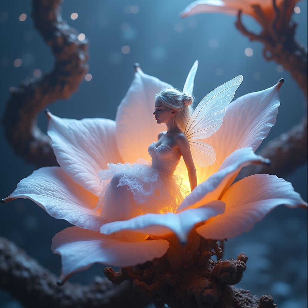 Iridescent Fairy in Luminous Flower Garden