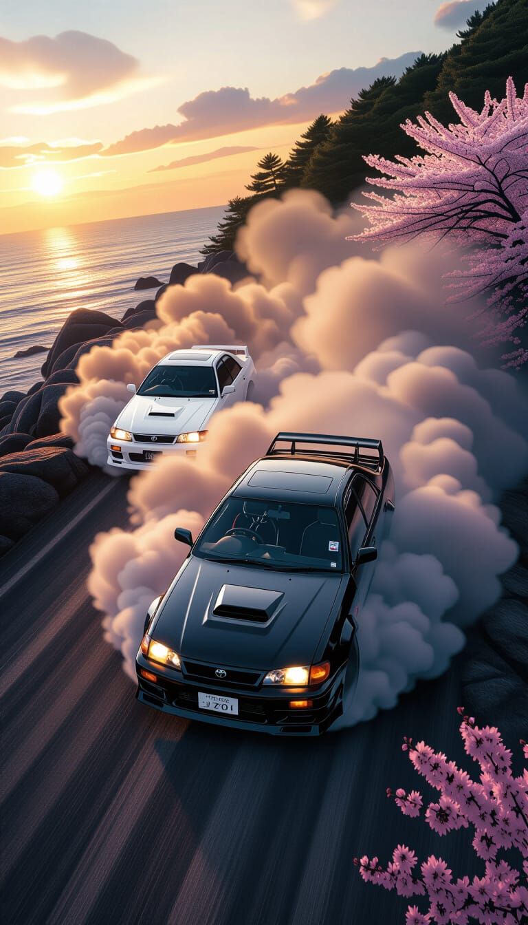 Dramatic Skid: Black and White Toyota Chasers in Fiery Digit...