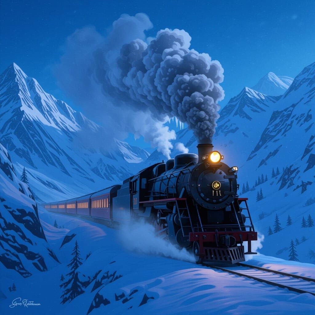 Majestic Steam Train in Snowy Mountain Pass - Dark Fantasy A...