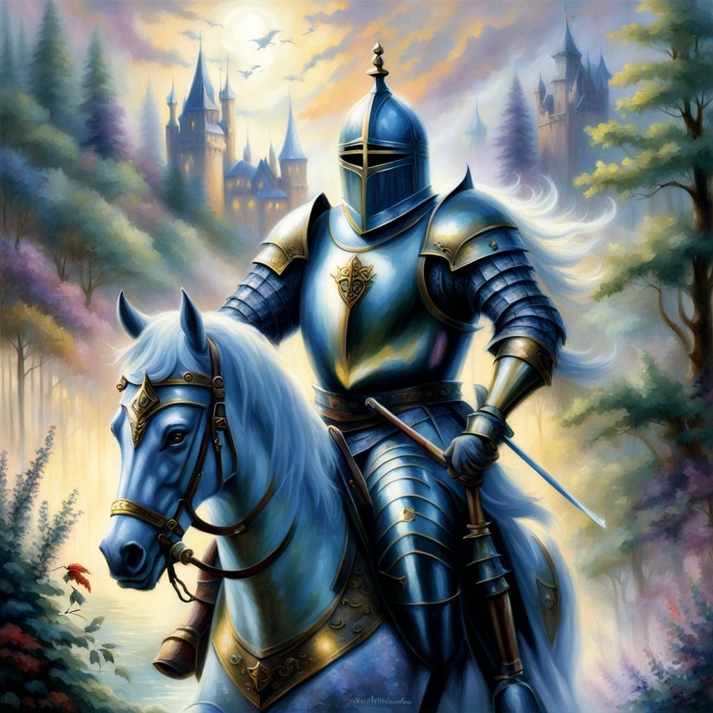 Ethereal Young Knight in Misty Fantasy Landscape
