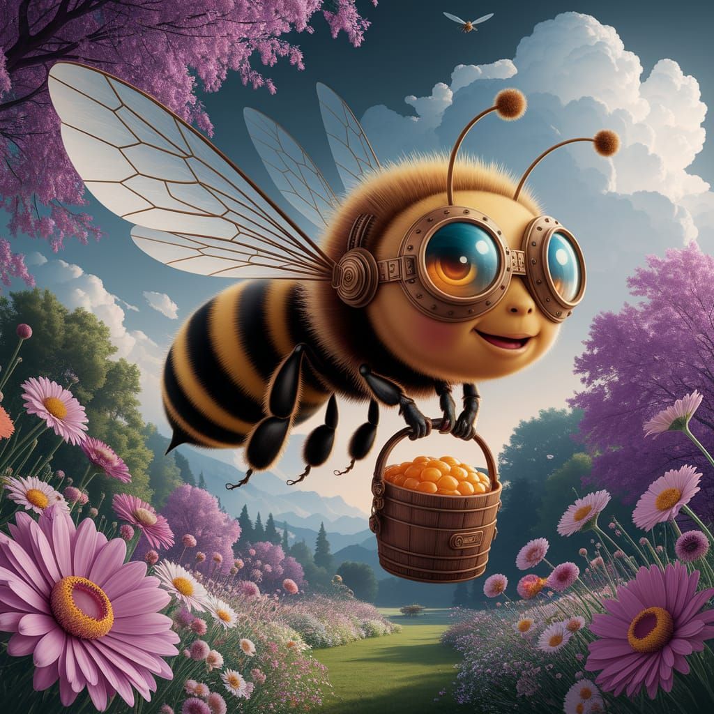 Steampunk Chibi Bee Delivers Honey in a Vibrant Garden