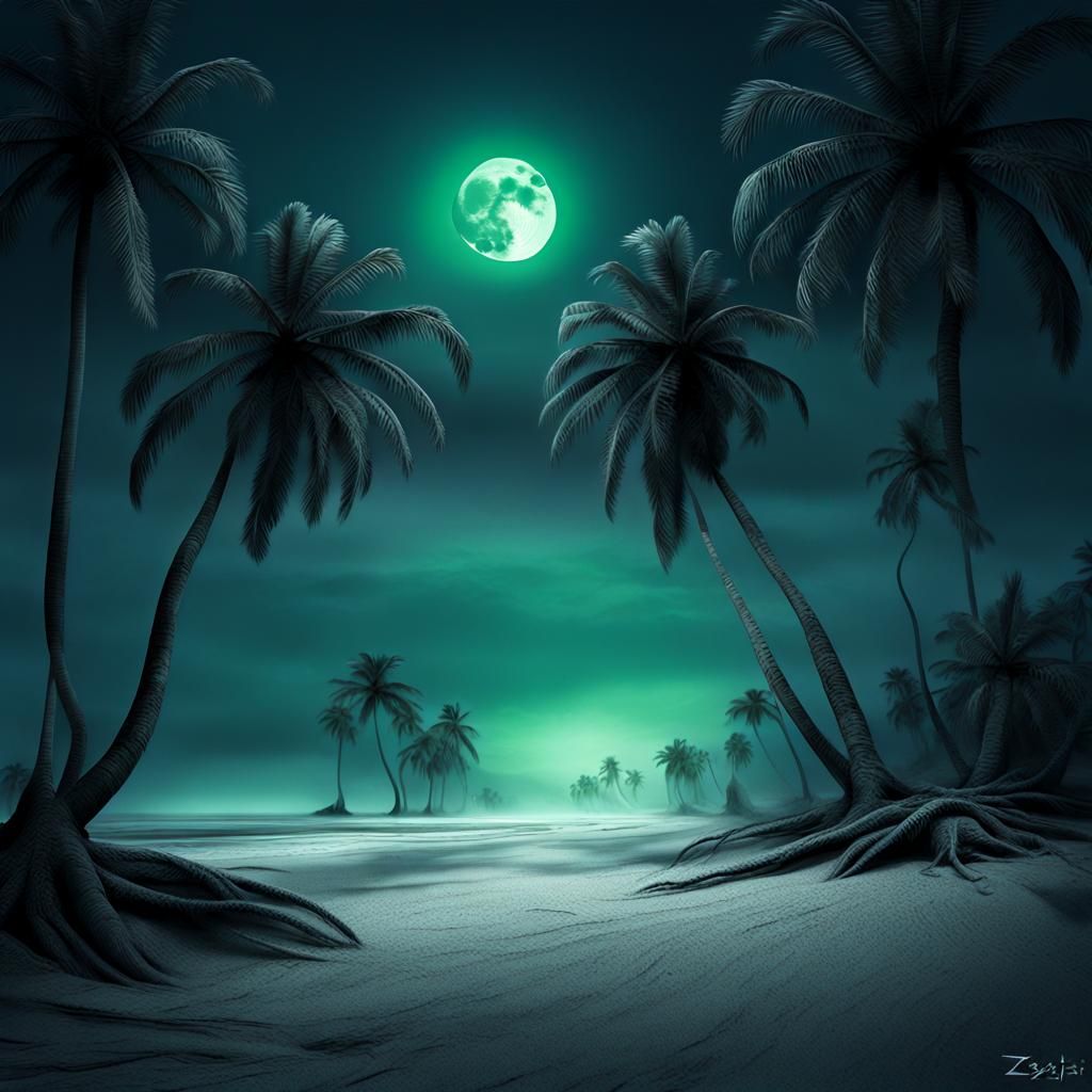 Eerie Moonlit Beach with Gnarled Trees
