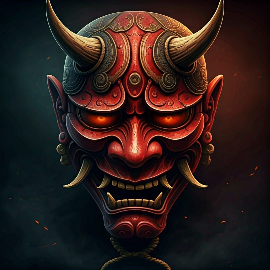 Mystical Red Oni Mask in Dramatic, High-Contrast Scene
