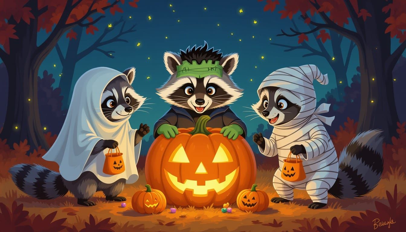 Raccoons in Whimsical Halloween Costumes Trick-or-Treating