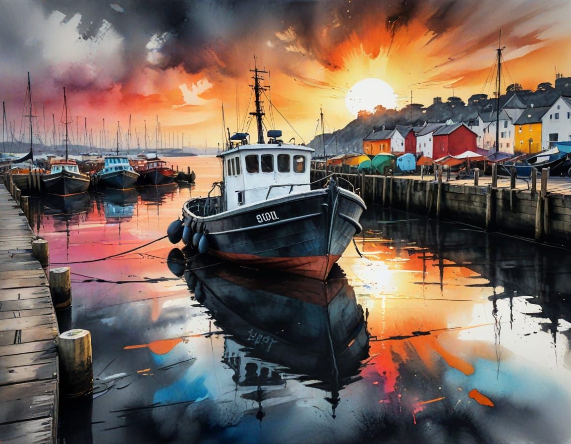 Old Boat at Harbour Docks at Sunset, Charcoal and Watercolou...