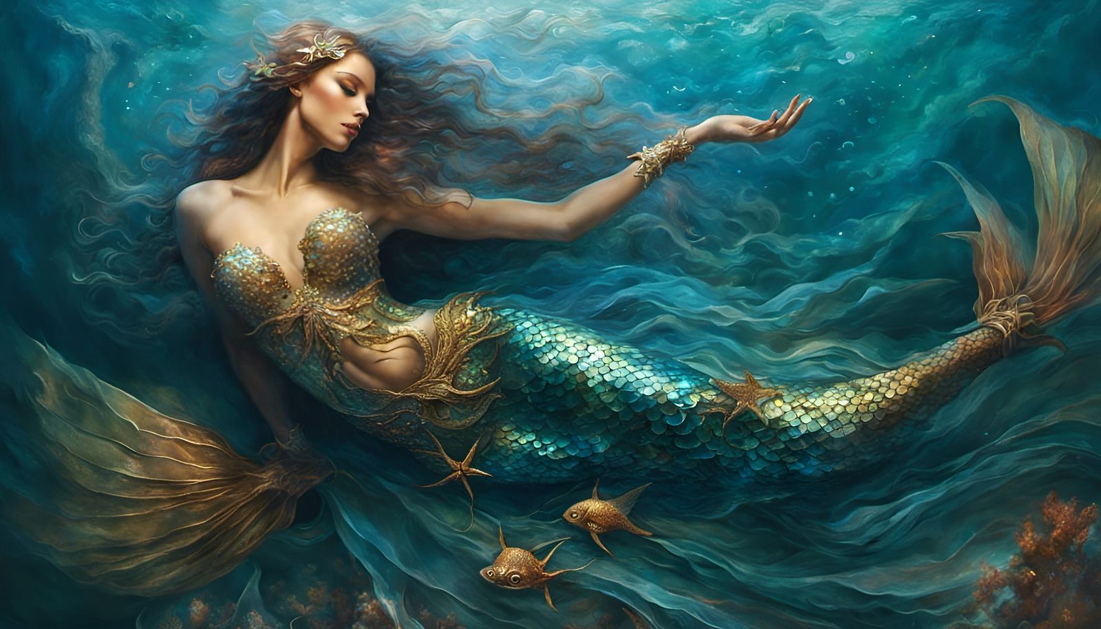 Iridescent Mermaid in Cerulean Sea, Hyperrealistic Style