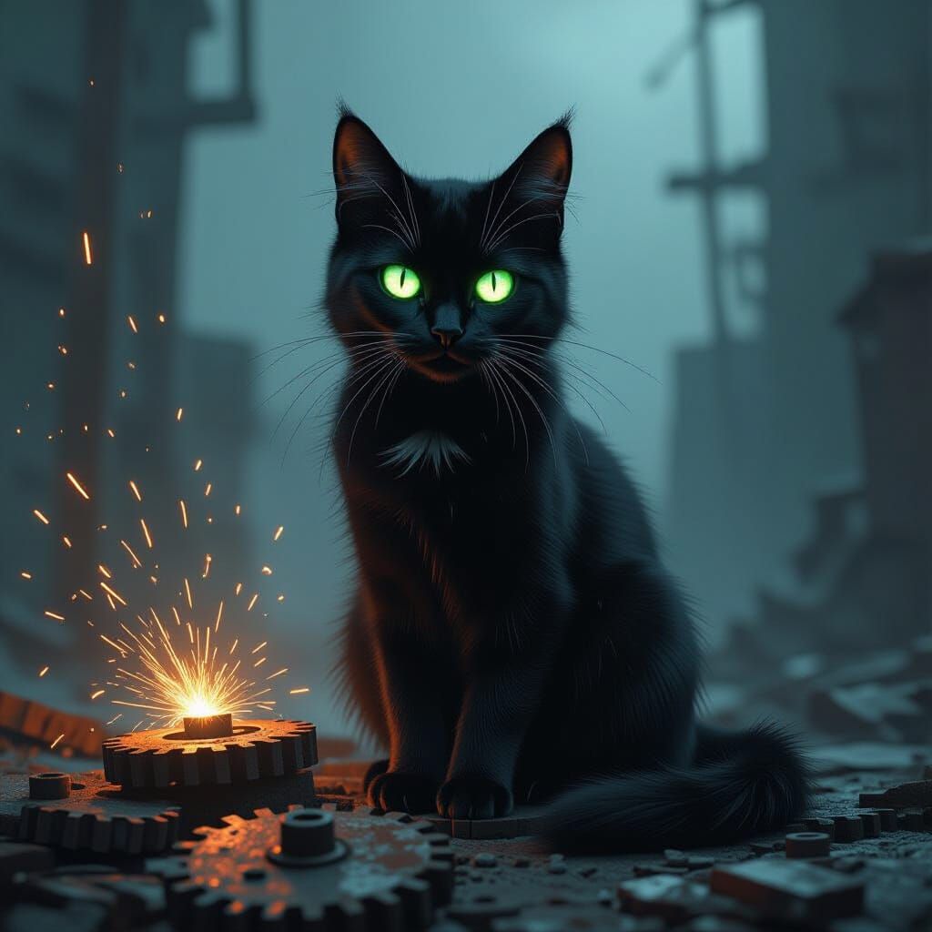 Black Cat on Rusted Gears with Static Electricity