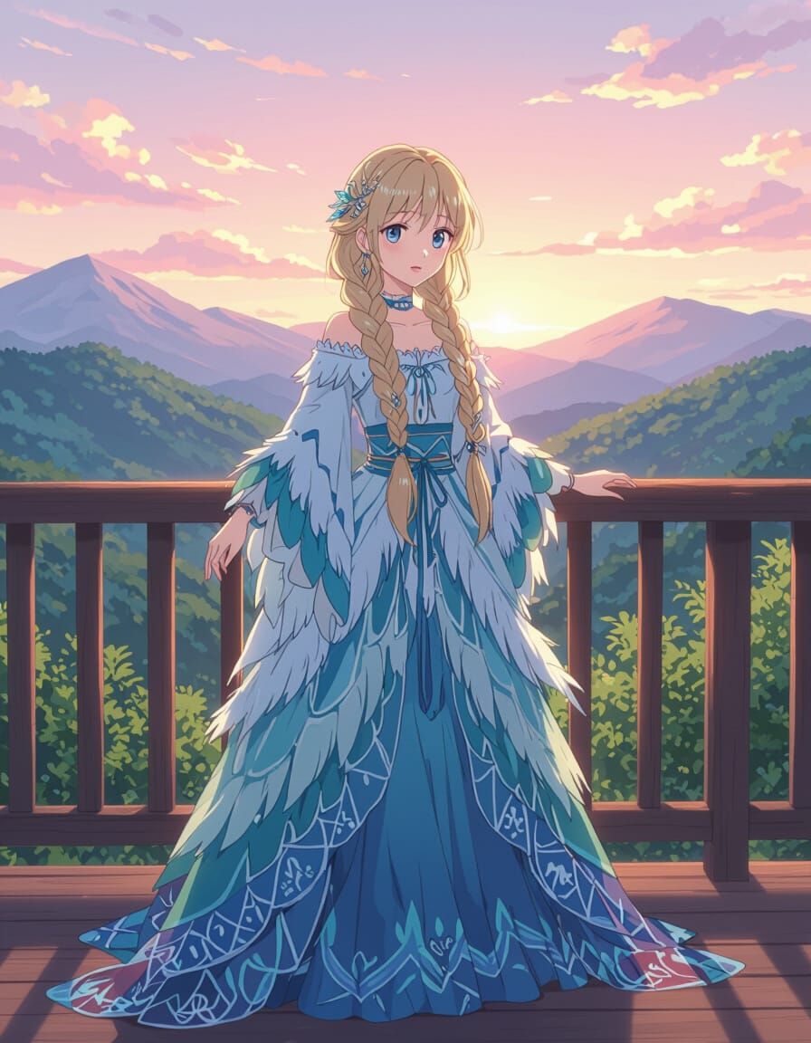 Anime Girl with Braids on Balcony at Sunset