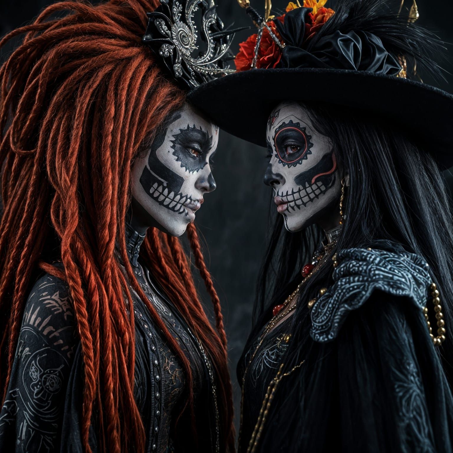 Menacing Voodoo priestess with long red dreadlocks  hair and...