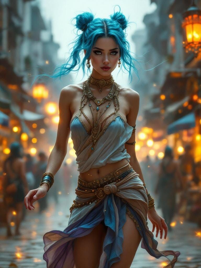 Ethereal Dancer in Twilight Market, Fantasy Portrait