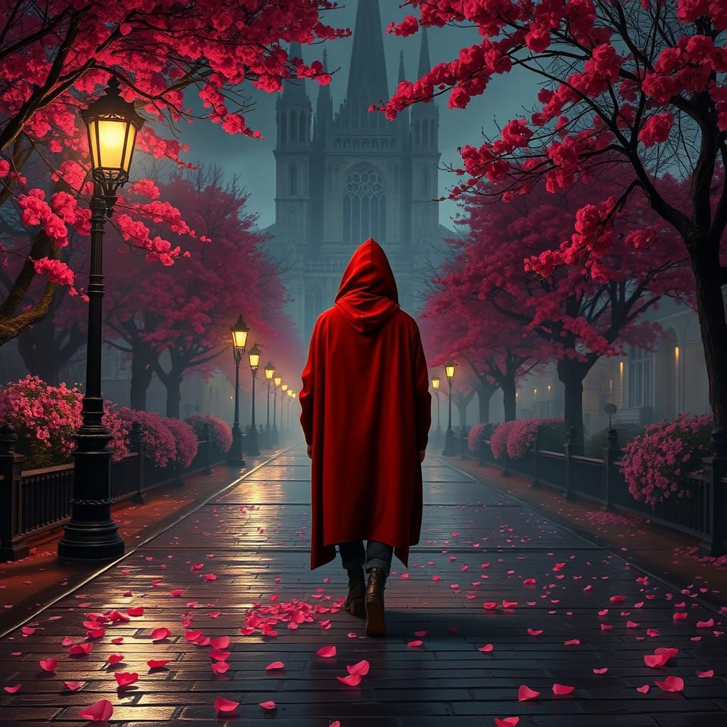 Crimson Traveler Under Gas Lamps, Gothic Cathedral