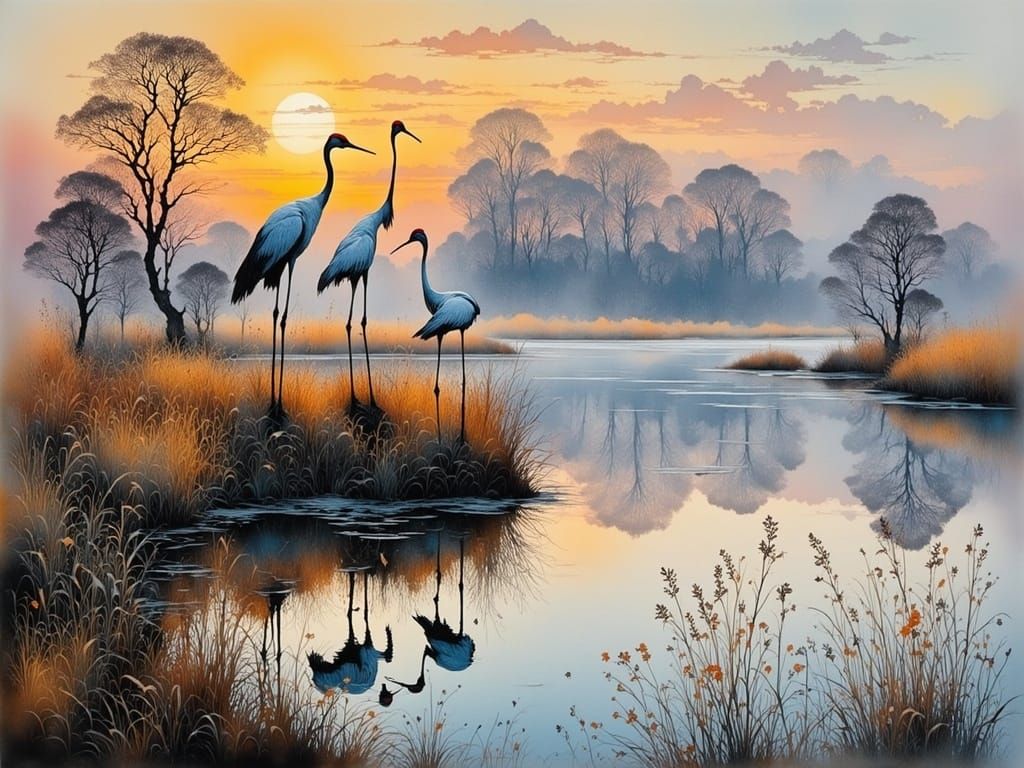 Cranes in Evening Light on Lake Shore