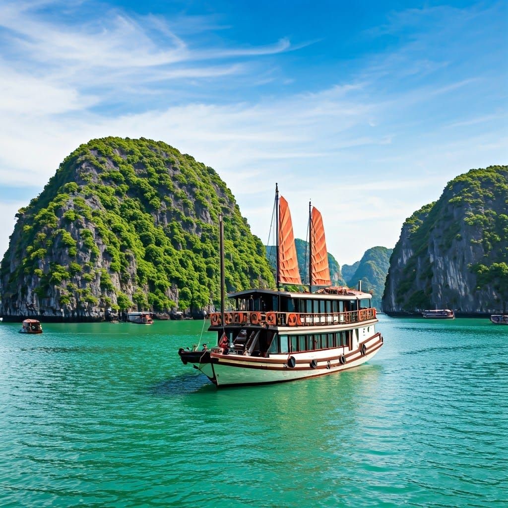 Traditional Dhow Cruising Through Halong Bay's Emerald Water...