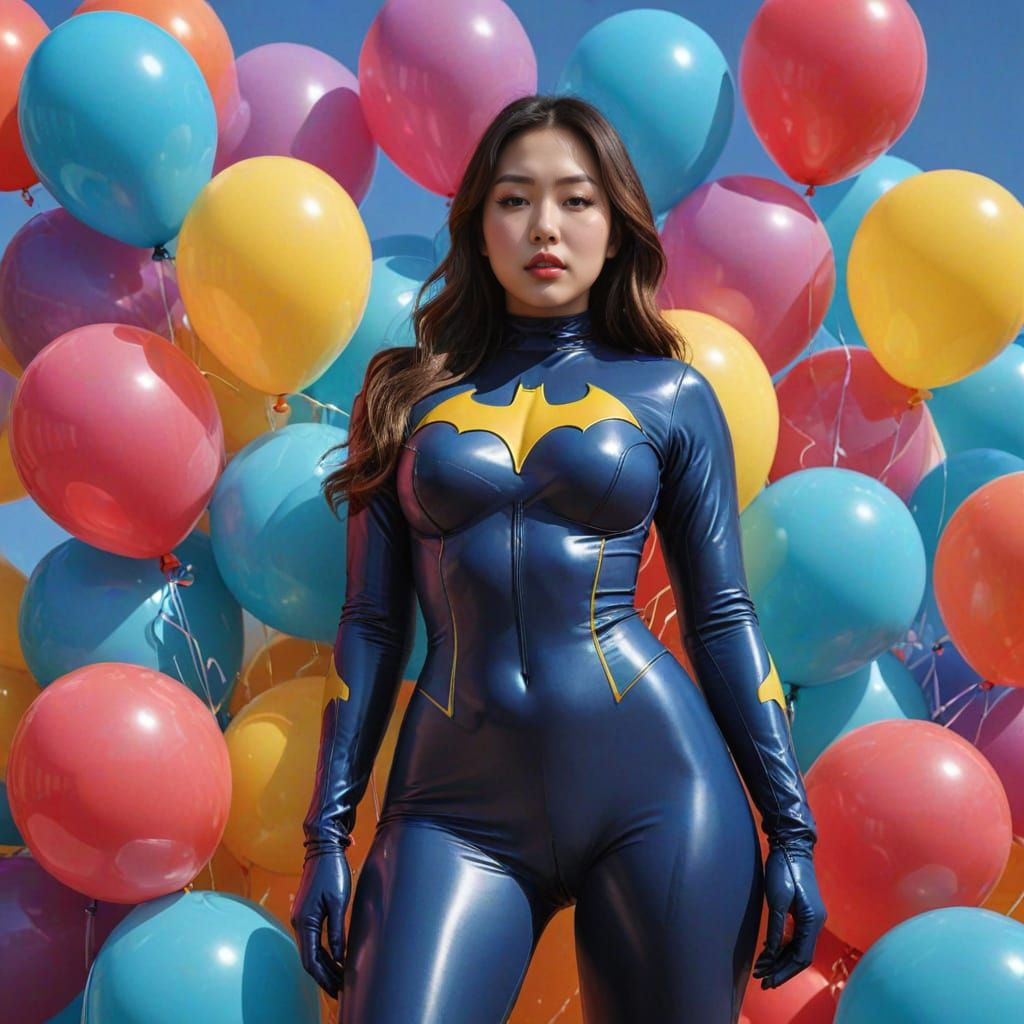 Batgirl in Vibrant Batman Suit with Balloons