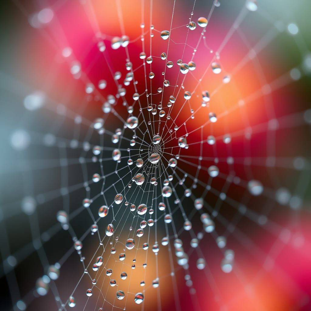 Intricate Spiderweb Glistens with Dew-Kissed Raindrops in Hy...
