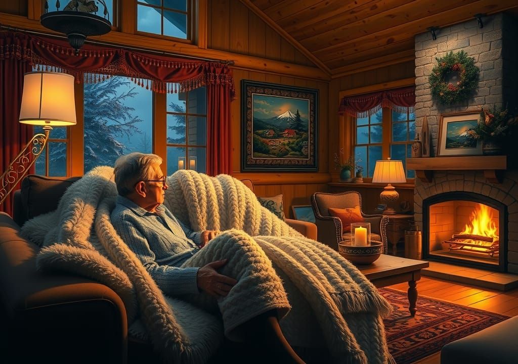Cozy Night In: Elderly Couple by Fireplace