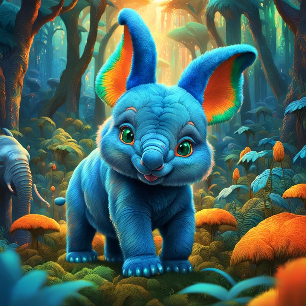 Blue Bunny with Elephant Fetchers in Lush Forest