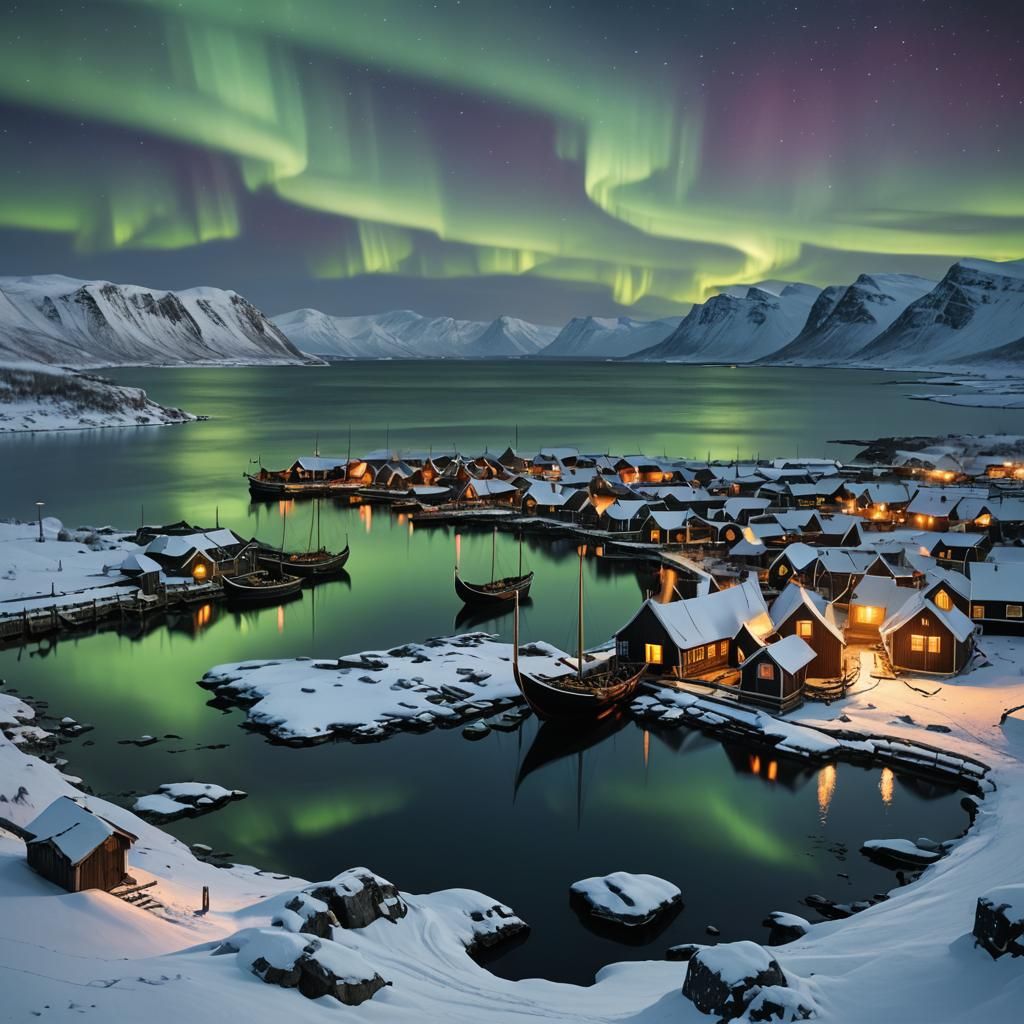 Winter Viking Village Under Northern Lights