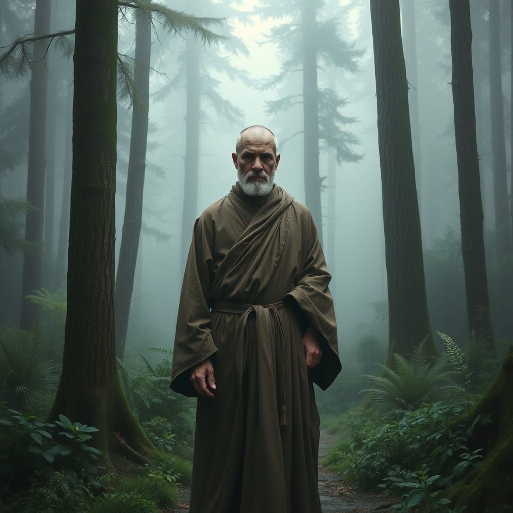 Monk in Contemplative Forest, Caravaggio-Inspired