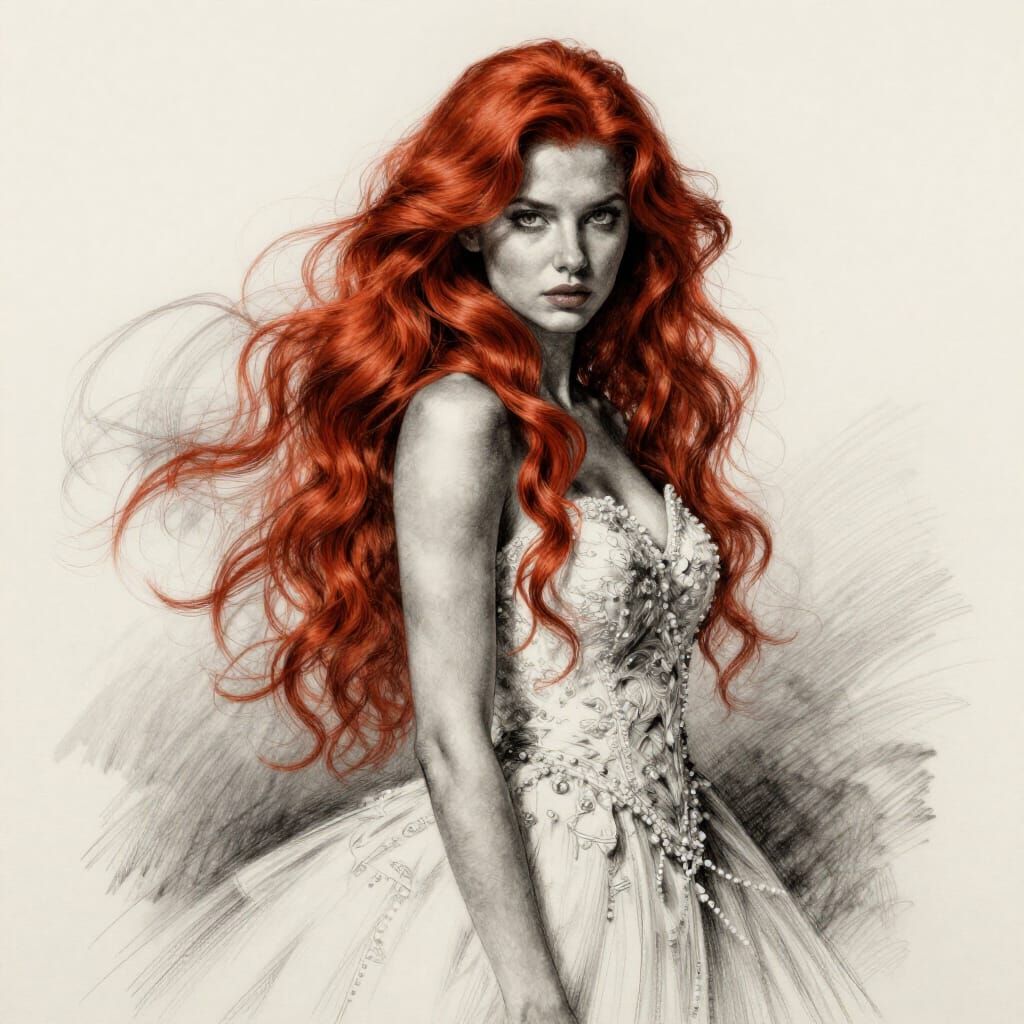 Ethereal Redhead in Wedding Dress: Charcoal Sketch