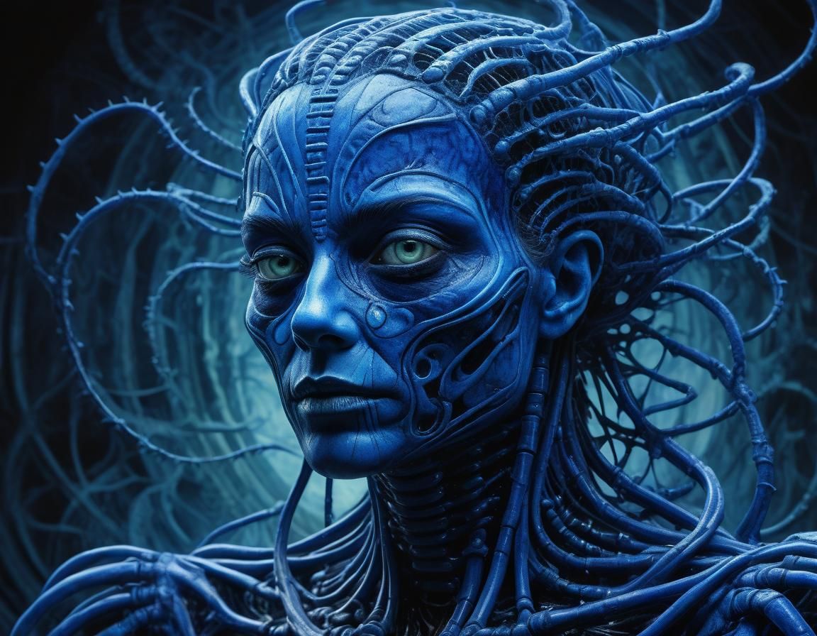 Ethereal Indigo Field: A Surreal Film Noir Portrait