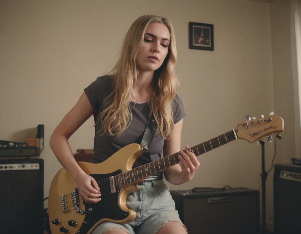 Blond Woman Plays Guitar in Cinematic Studio