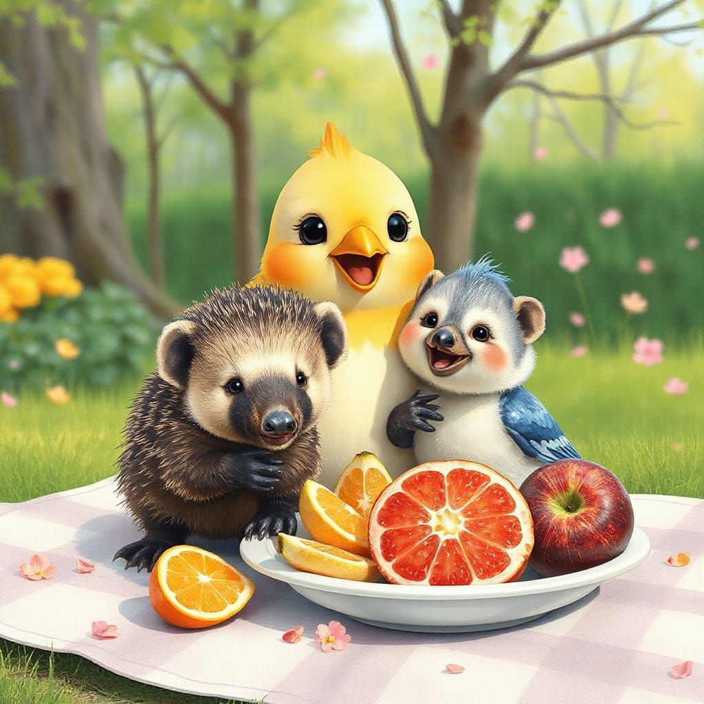 Cute Kawaii Bird and Porcupine Picnic in 3D