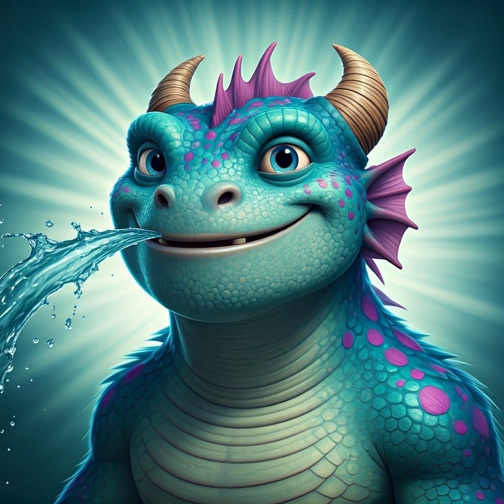 Playful Teal Monster Squirting Water: Pixar-Style 3D Art