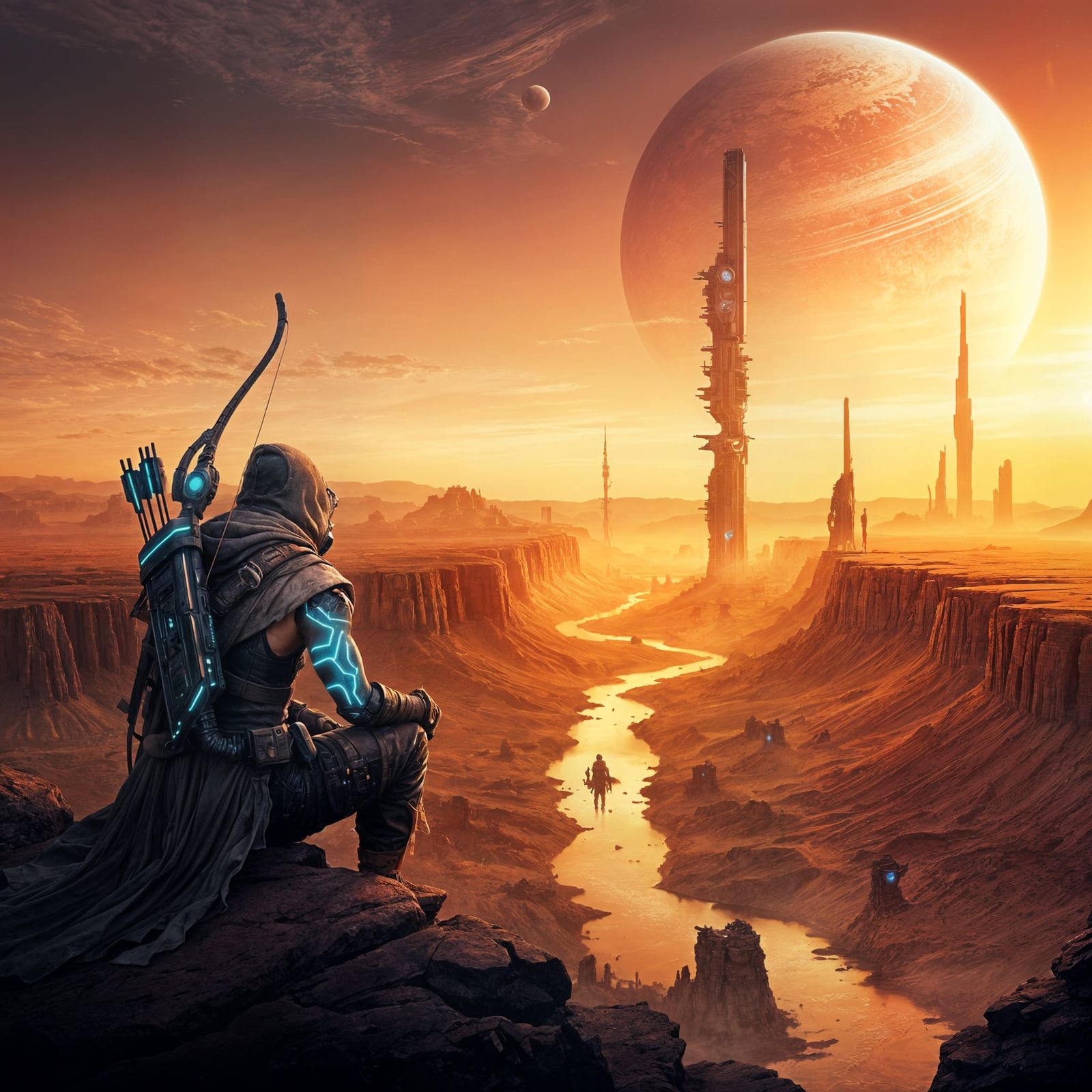 Post-Apocalyptic Wanderer Overlooking Alien Sunset