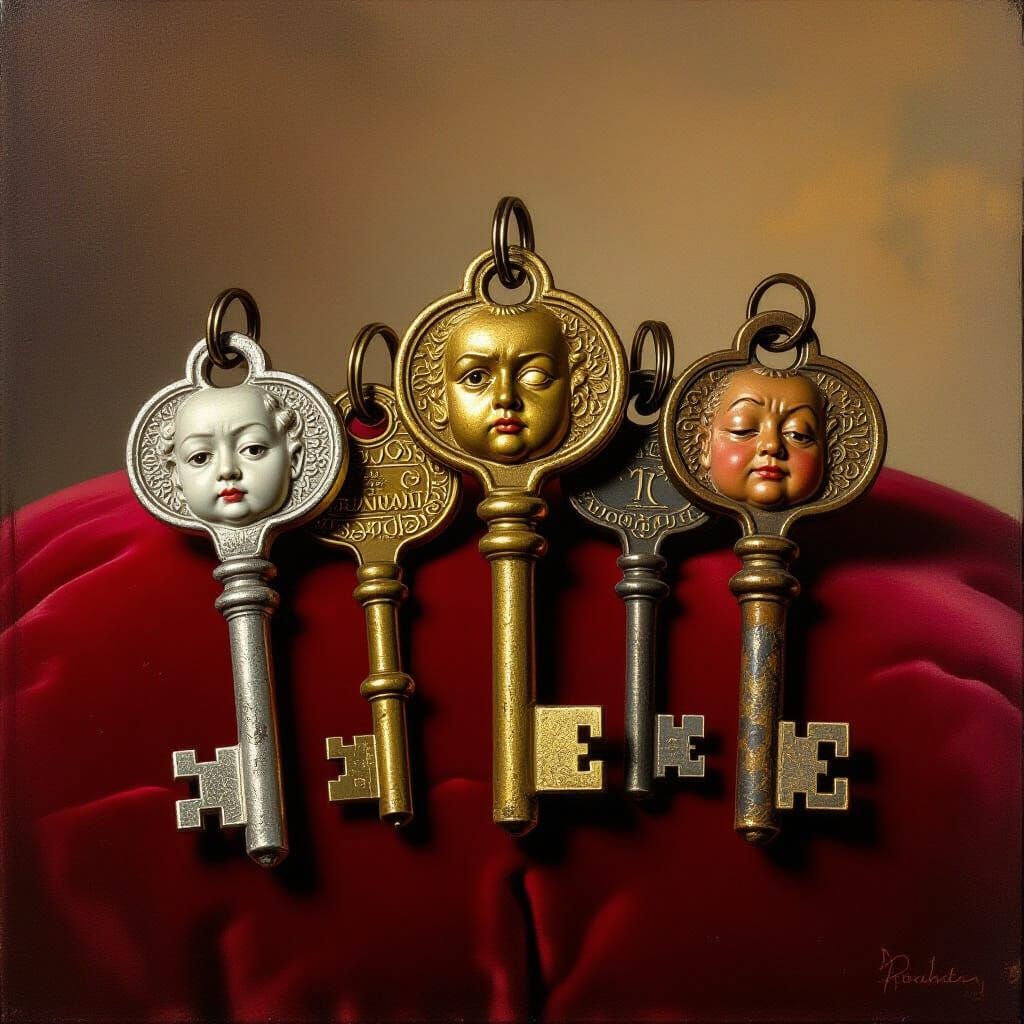 Antique Keys with Faces on Crimson Cushion