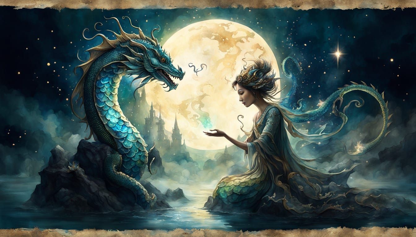 Golden Dragons and Maiden in Dreamy Watercolor Art