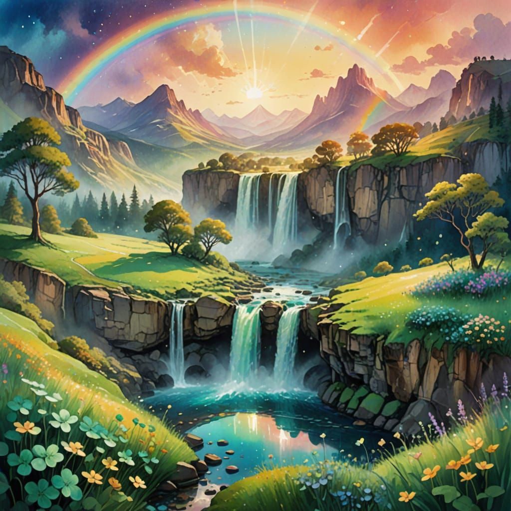 Ethereal Emerald Valley with Glowing Pot of Gold