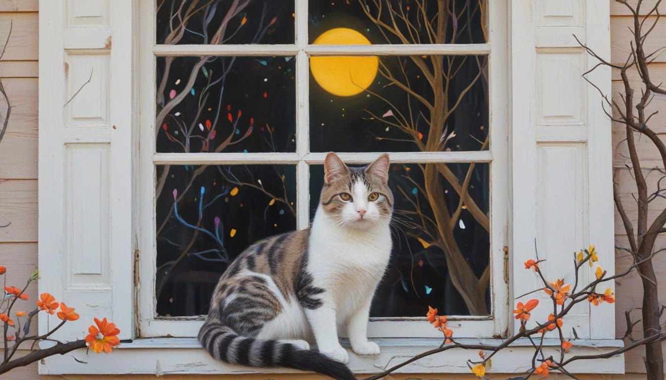 Whimsical Cats on Branches in a Warm, Sunny Landscape