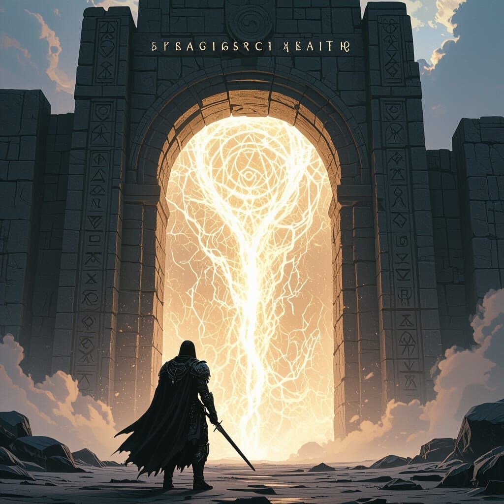 Obsidian Warrior at Energy Portal: Cinematic Art