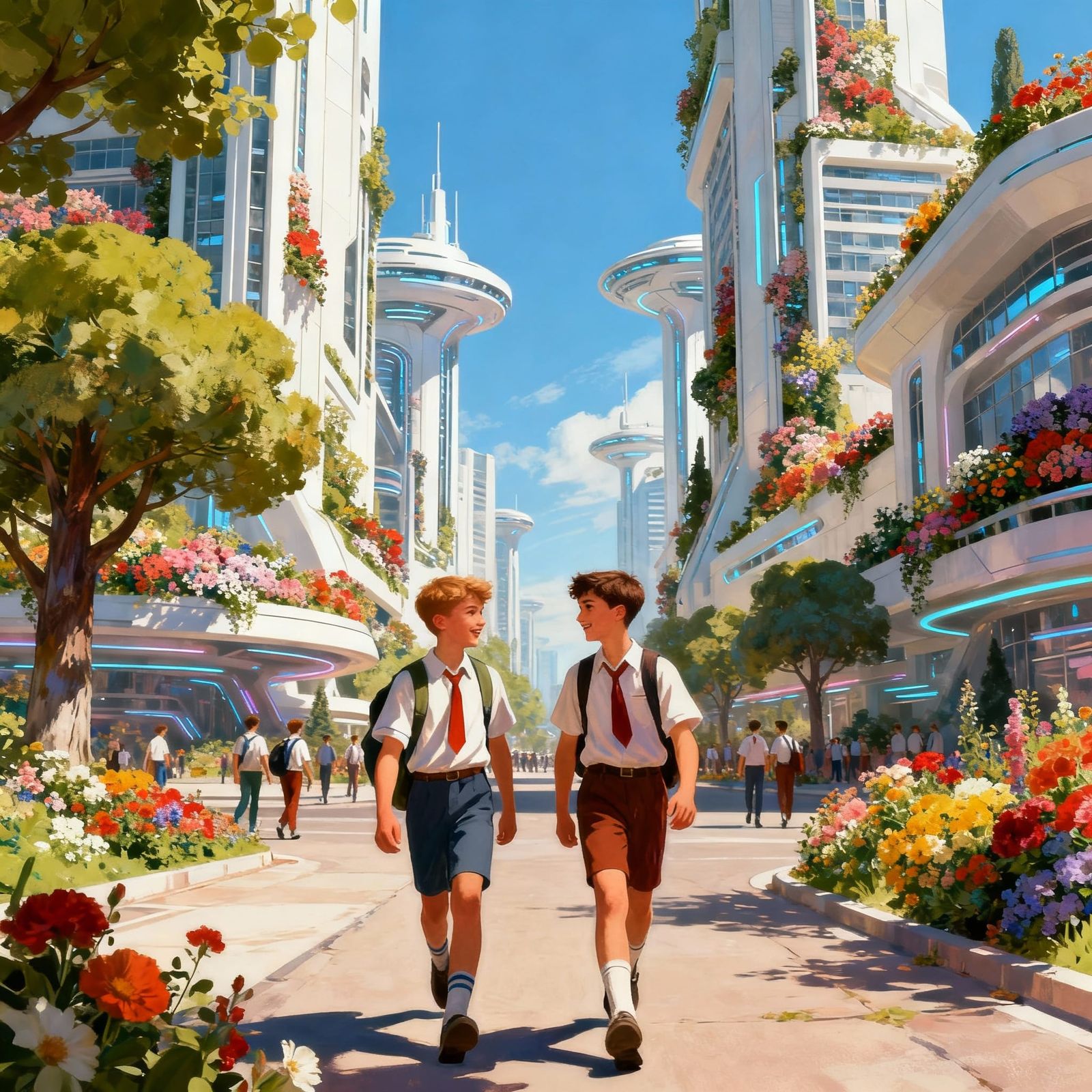 Optimistic Futurism: School Guys on Sunny Futuristic Street