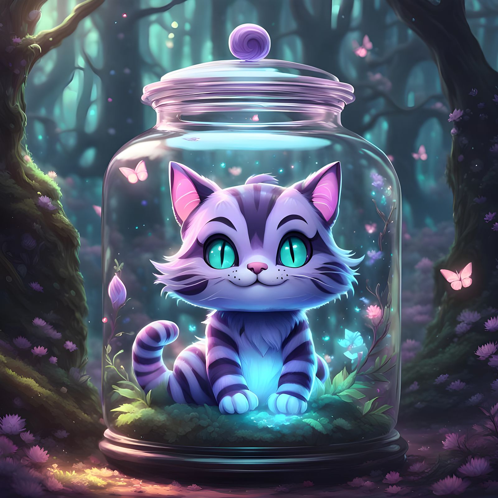 Chibi Cheshire Cat in Mystical Wonderland Jar