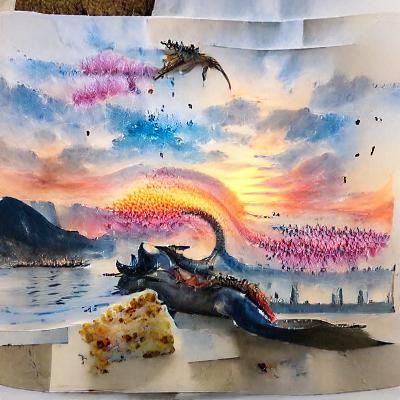 Watercolor Dragon with Cake-Eating Dolphins at Sunset