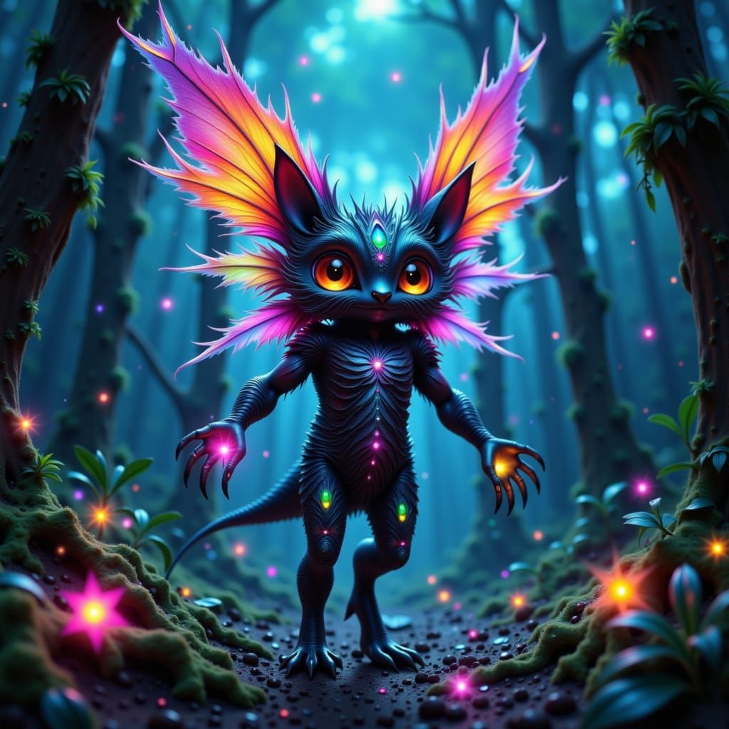 Fantastical Creature in Bioluminescent Forest Digital Painti...