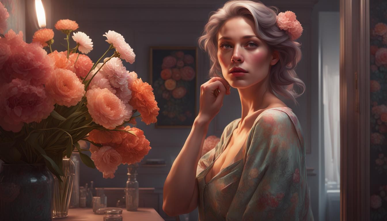 Woman in Dressing Room: Hyperdetailed Art Nouveau Portrait