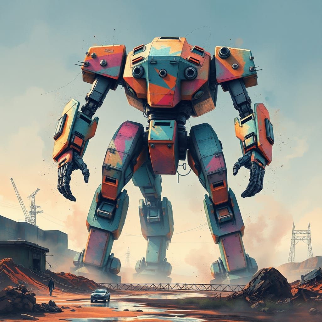 Mecha Robot in Post-Apocalyptic Landscape as Digital Art