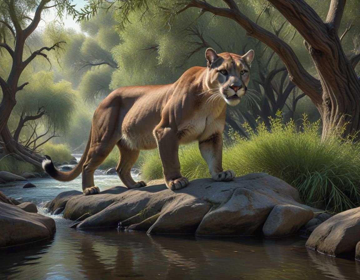 Muscular Mountain Lion Stalks Creekside Willows in Dark, Got...